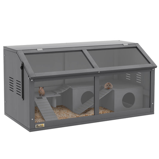 Photo of PawHut Hamster Cage, Wooden Small Animal Cage for Gerbils, Mice w/ Suspension Bridge, Openable Top, Hut, 85 x 45 x 44cm - Grey in Grey colour on a white background