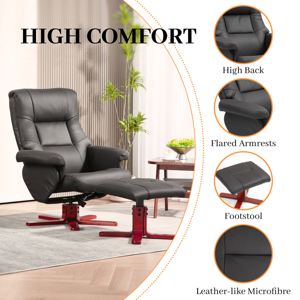 Recliner and footstool set with padded high back, flared armrests and leather-like microfibre upholstery