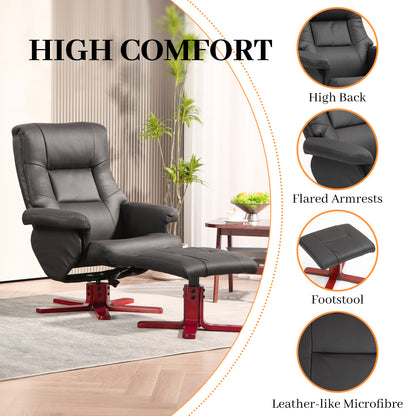 Recliner and footstool set with padded high back, flared armrests and leather-like microfibre upholstery