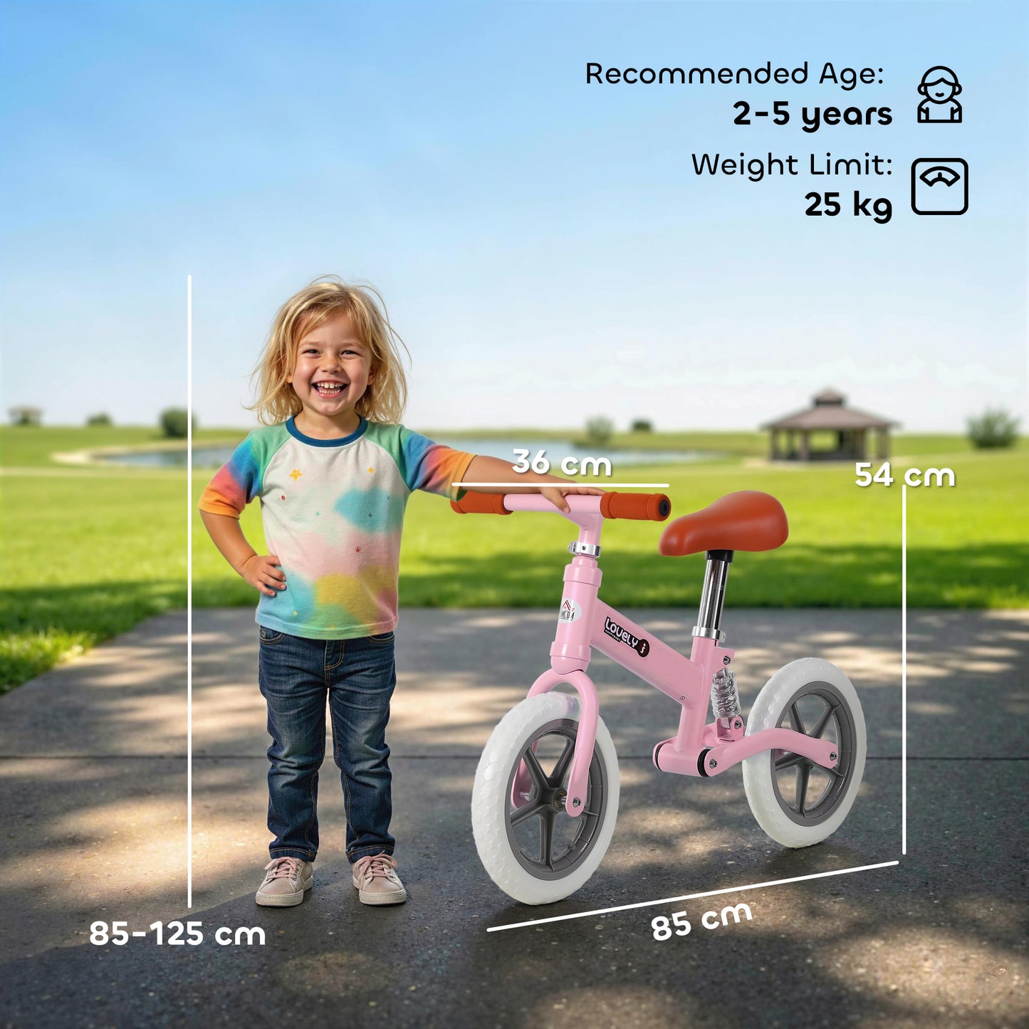 HOMCOM 12" Kids Balance Bike No Pedal Bicycle EVA Tyre Adjustable Seat Toddler Training Bike W/ Shock Absorber 2 - 5 Years Gift for Boys Girls Pink