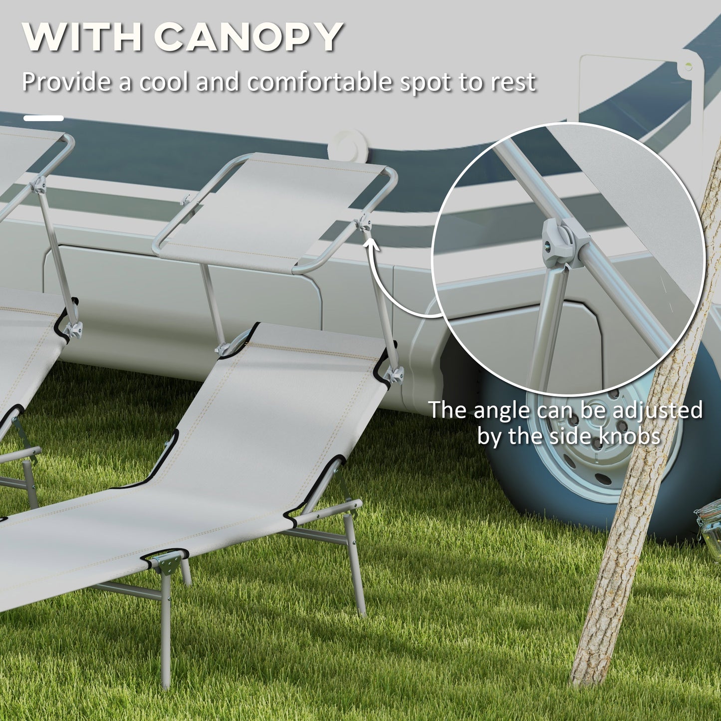Outsunny Folding Sun Lounger Set of 2 with Canopy, Reclining Sunbed with 4-Position Adjustable Backrest, 600D Oxford Cloth, Portable Garden Lounger Recliner Chair for Beach, Camping, Patio, Light Grey