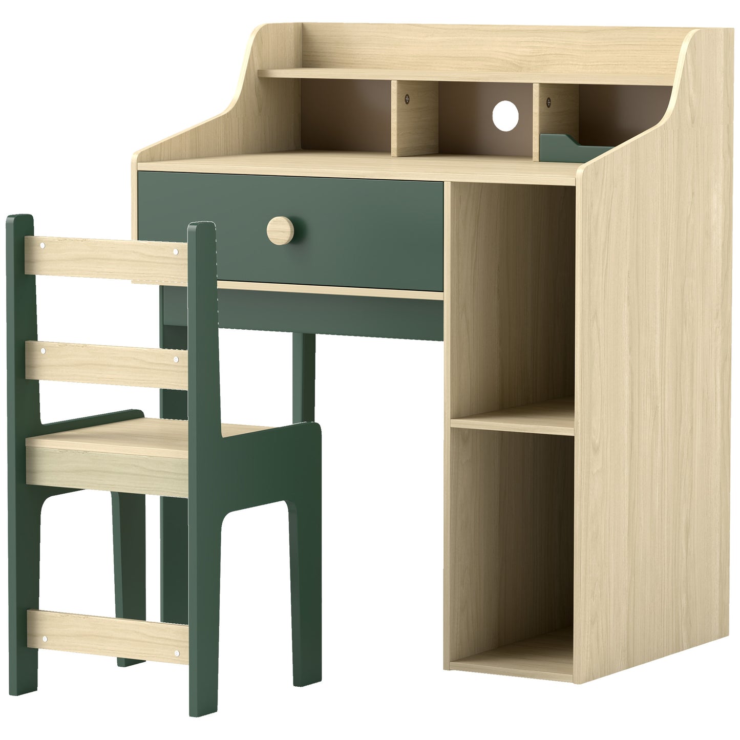 Photo of AIYAPLAY Kids Desk and Chair Set with Storage Shelves and Drawer, Green in Green colour on a white background