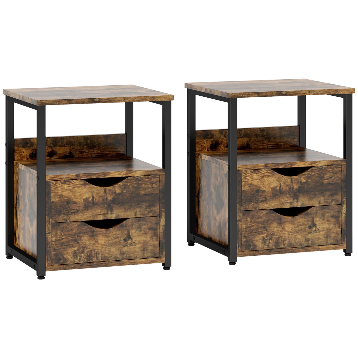 Photo of HOMCOM Industrial Side Table Set of 2, Sofa Table with Drawer, Bedside Cabinet with Storage Shelf, Slim Nightstand for Living Room, Bedroom, Rustic Brown in Brown colour on a white background