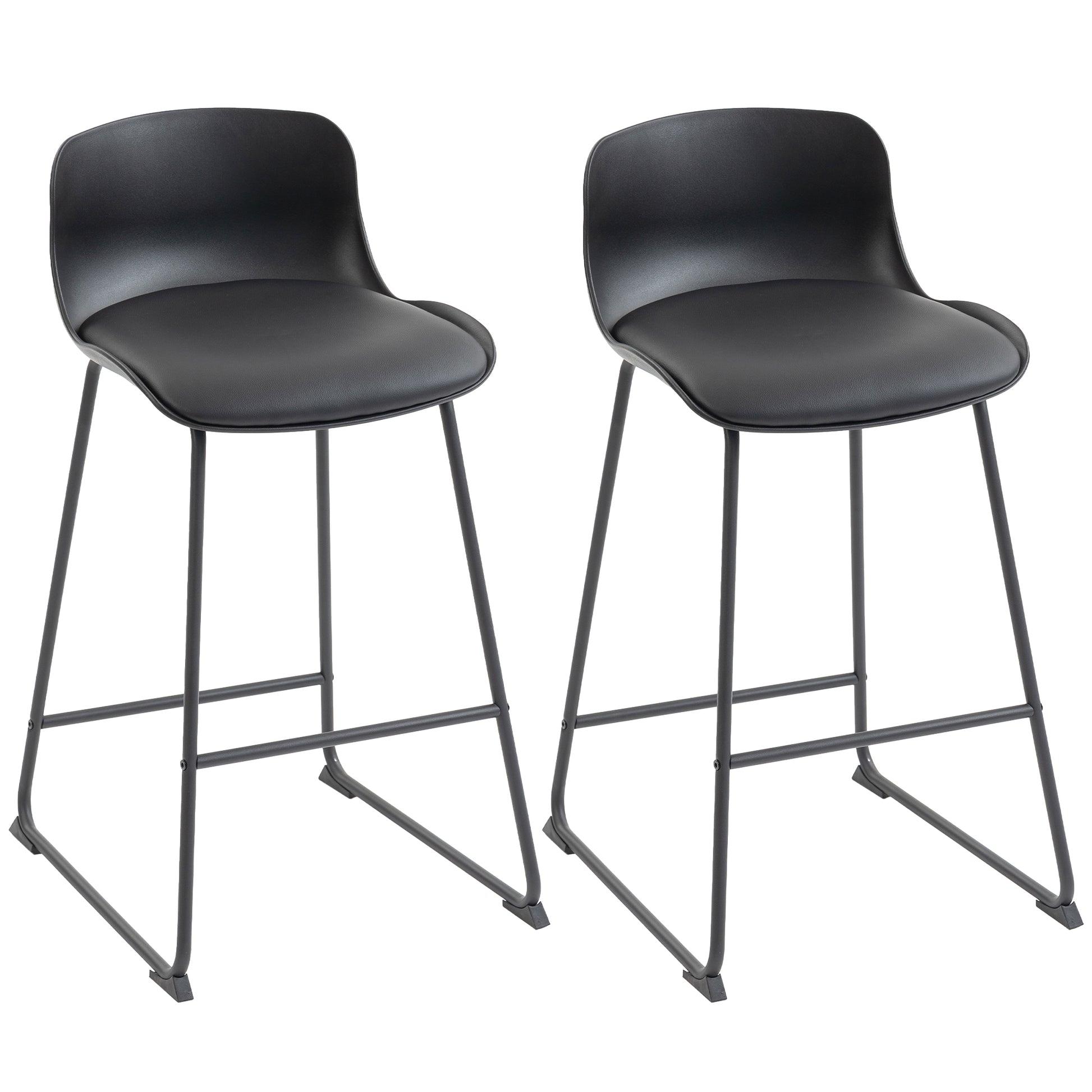Photo of HOMCOM Modern Bar Stools Set of 2, PU Leather Barstools, Counter Height Kitchen Chairs for Breakfast Bars, Dining Room, Black in Black colour on a white background