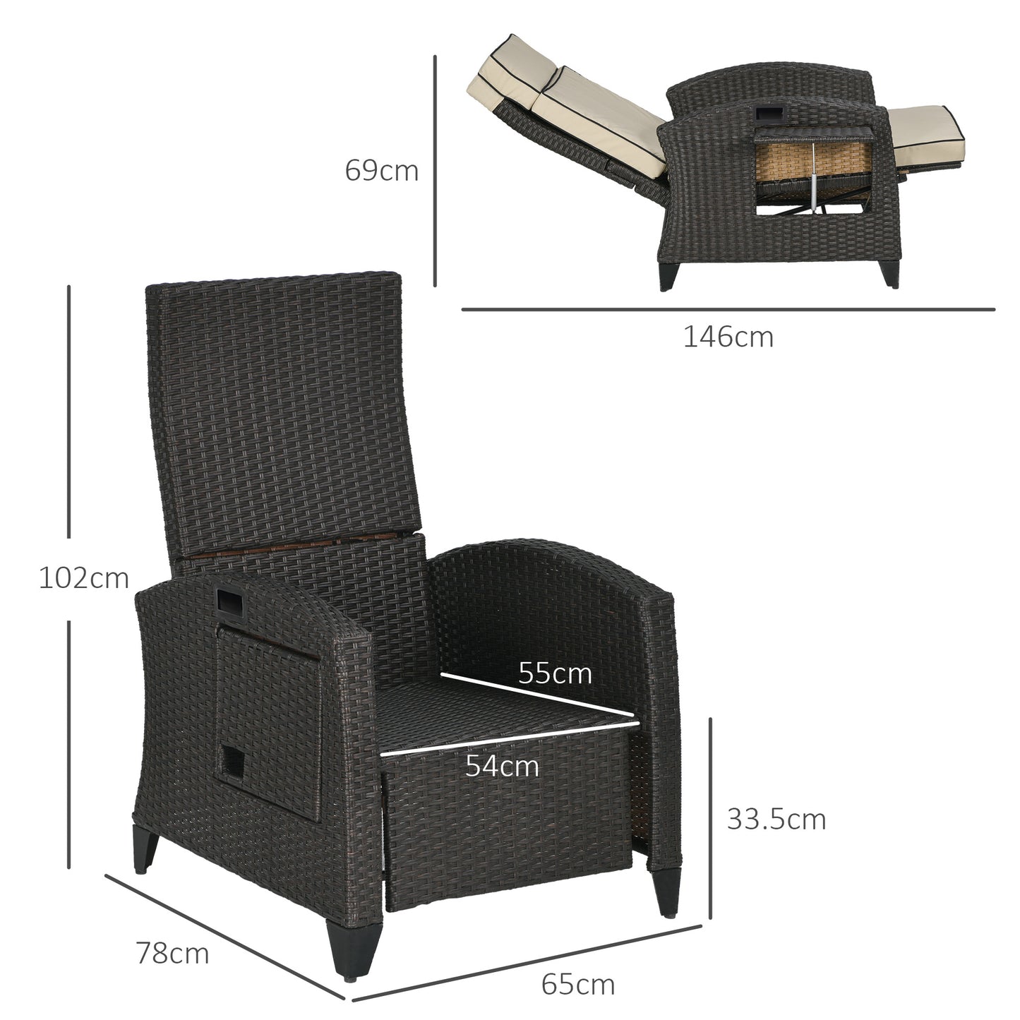 Outsunny Outdoor Recliner Chair with Adjustable Backrest and Footrest, Cushion, Side Tray, Khaki/Brown