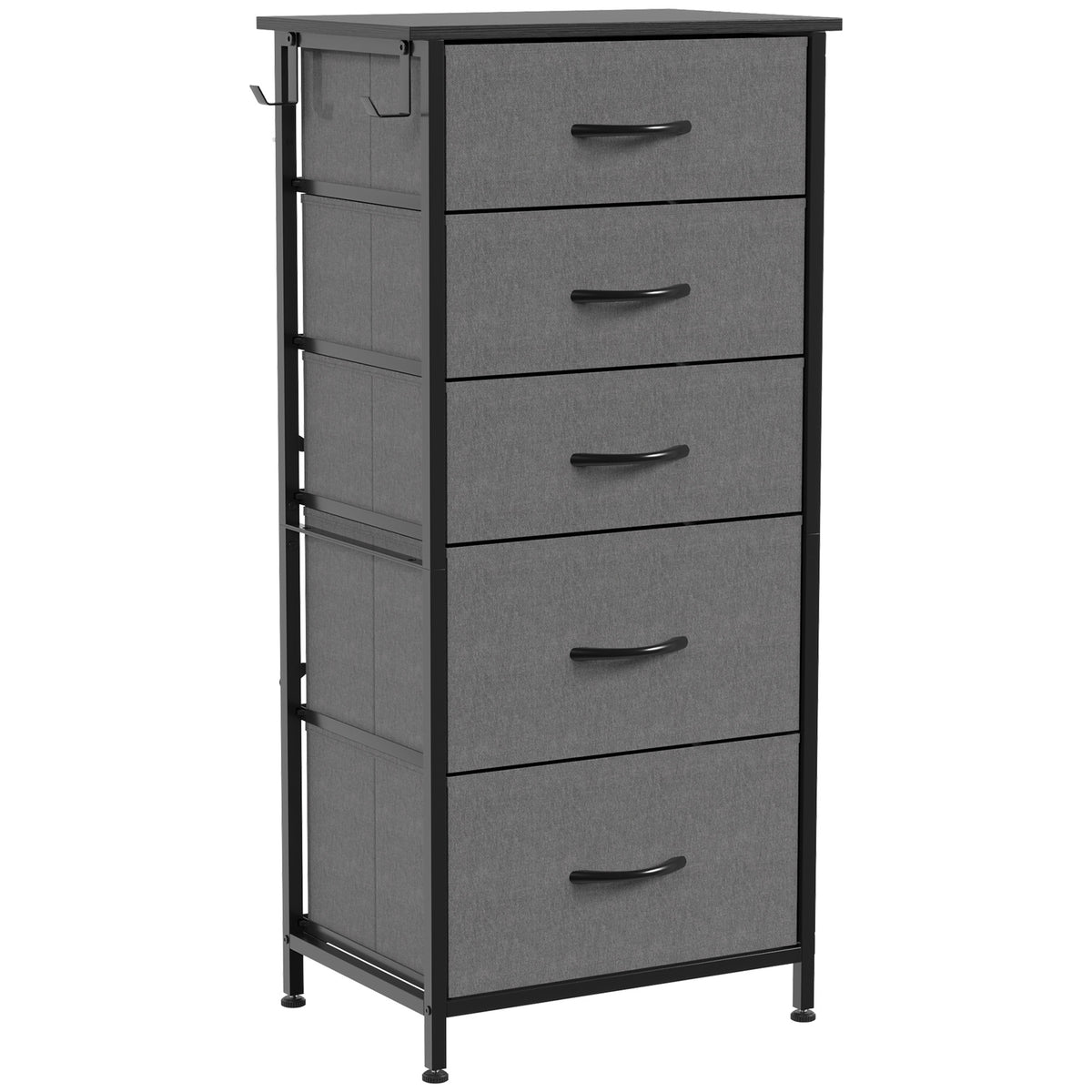 Photo of HOMCOM Chest of Drawers, Dresser with 5 Fabric Drawers, Tall Storage Unit with 4 Pockets and 2 Hooks Steel Frame, Charcoal Grey in Grey colour on a white background