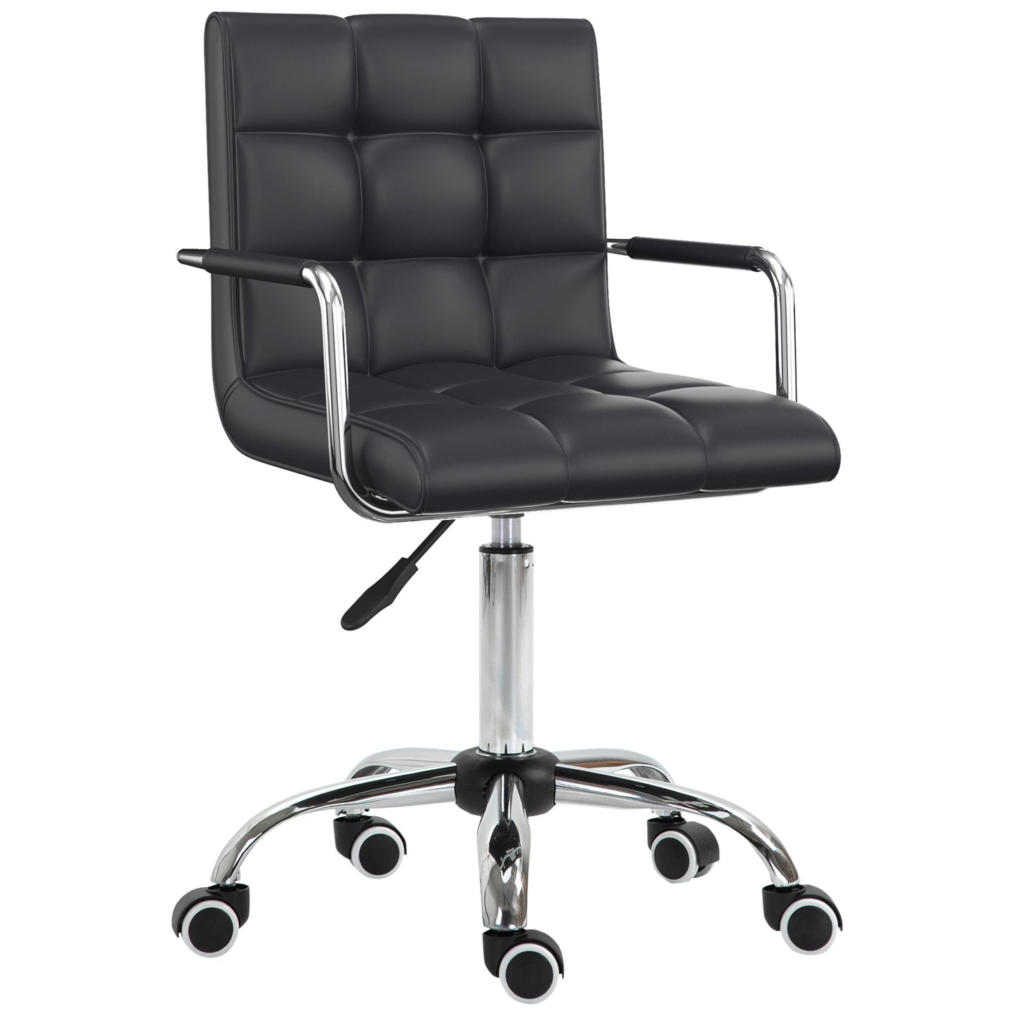 Photo of Vinsetto Makeup Vanity Chair, PU Leather Mid Back Office Chair with Adjustable Height, Armrest and Rolling Wheels, Black in Black colour on a white background