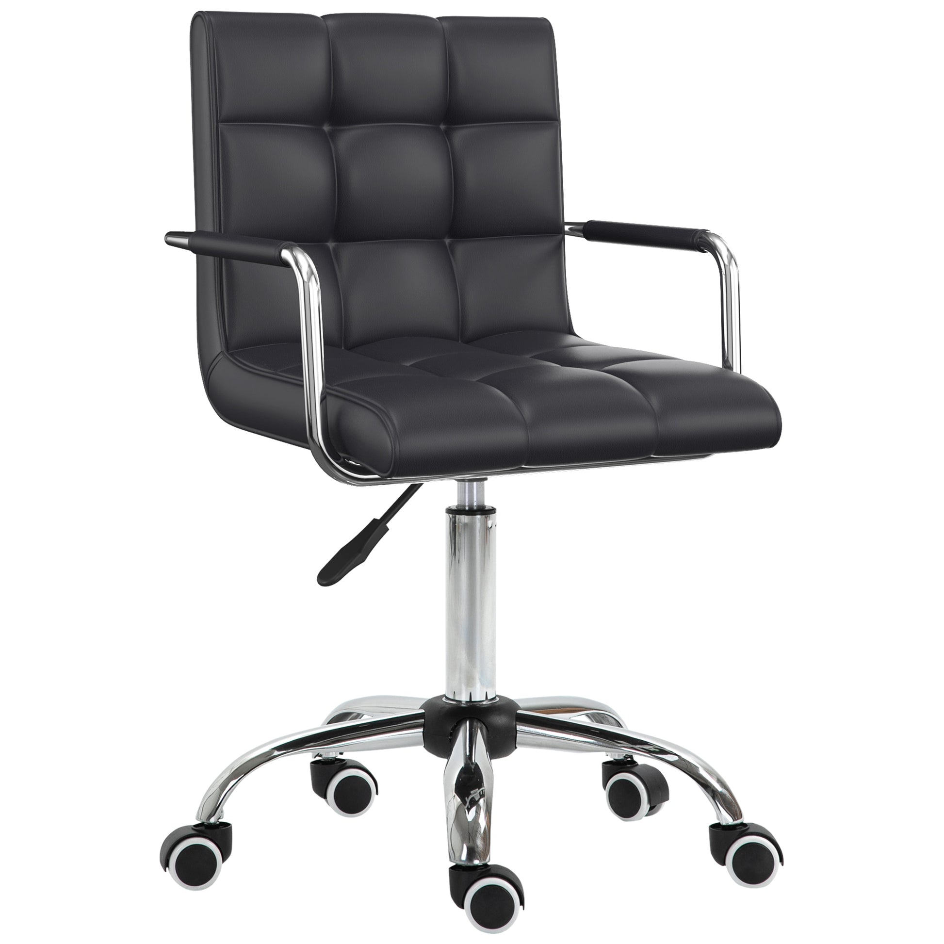 Photo of Vinsetto Makeup Vanity Chair, PU Leather Mid Back Office Chair with Adjustable Height, Armrest and Rolling Wheels, Black in Black colour on a white background