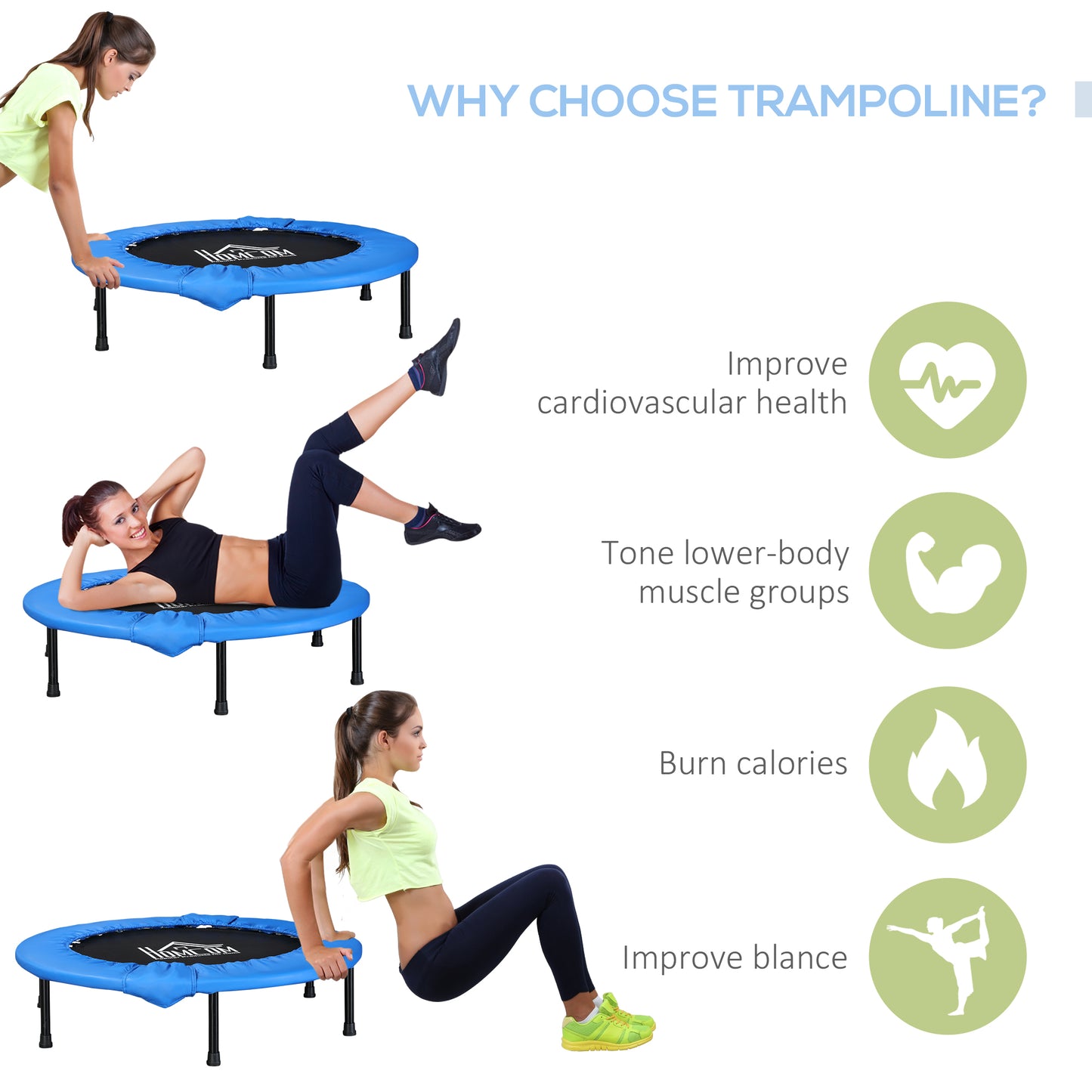 HOMCOM 40" Mini Fitness Trampoline Home Gym Yoga Exercise Rebounder Indoor Outdoor Jumper with Safety Pad, Support Up to 150 KG, Blue and Black