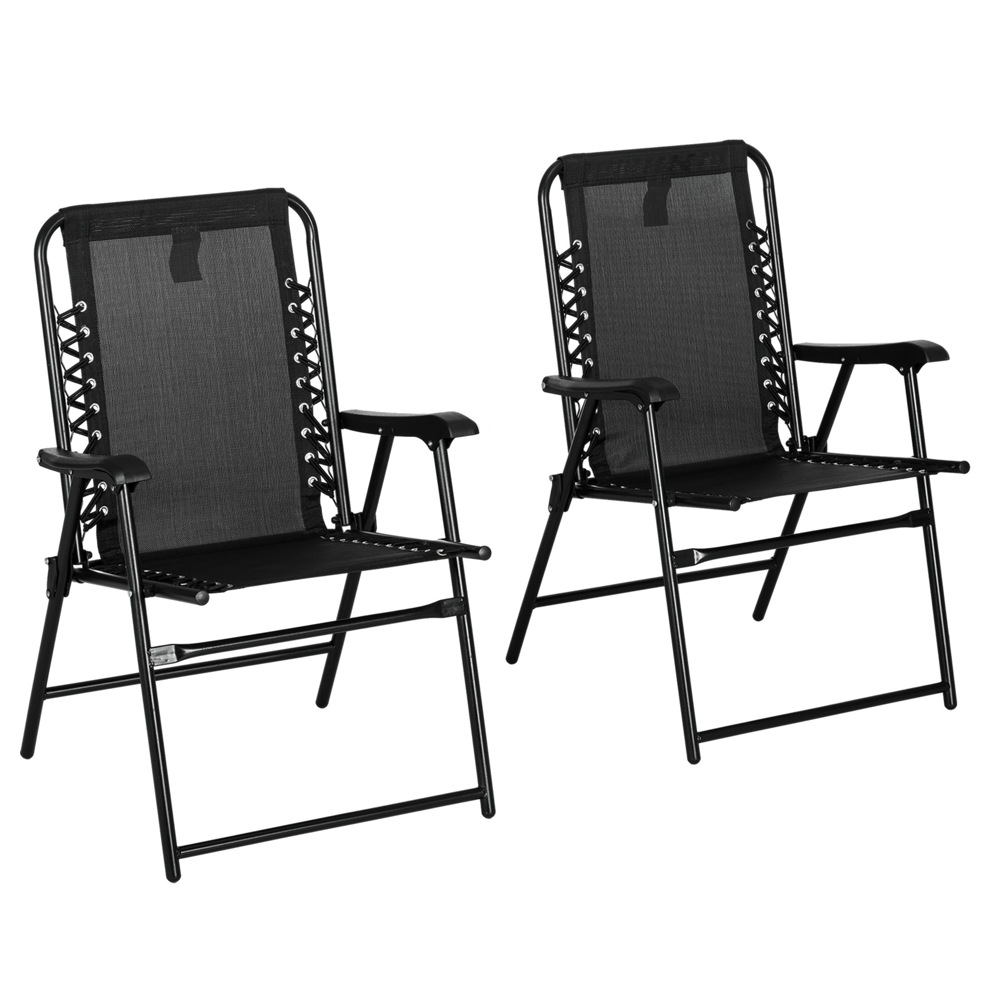 Photo of Outsunny 2 Pcs Patio Folding Chair Set, Outdoor Portable Loungers for Camping Pool Beach Deck, Lawn w/ Armrest Steel Frame Black in Black colour on a white background