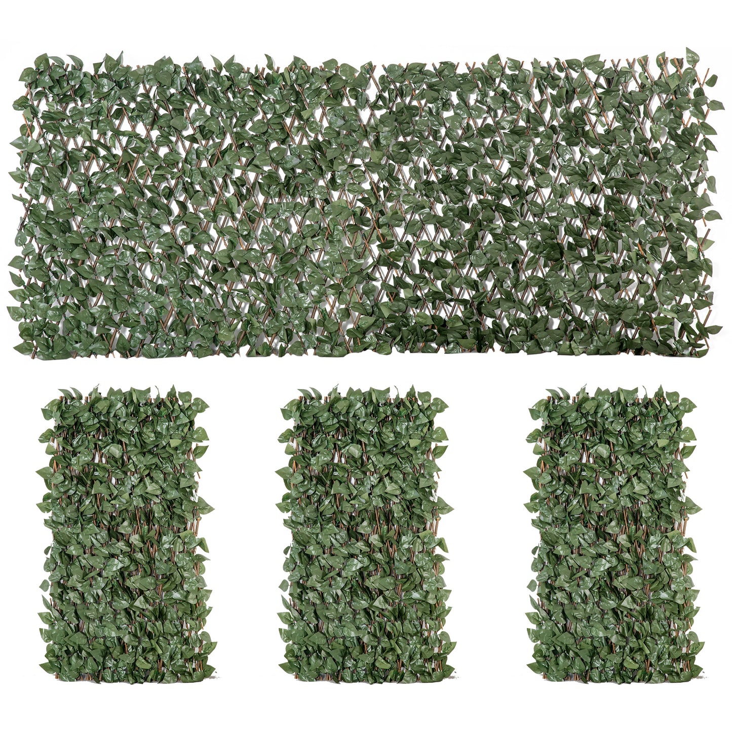 Photo of Outsunny 4 Pieces Expanding Trellis Fence, 2m x 1m Decorative Trellis with Artificial Leaves Garden Telescopic Hedge Privacy Screen Greenery Walls for Garden Balcony Home Decor in Decor colour on a white background
