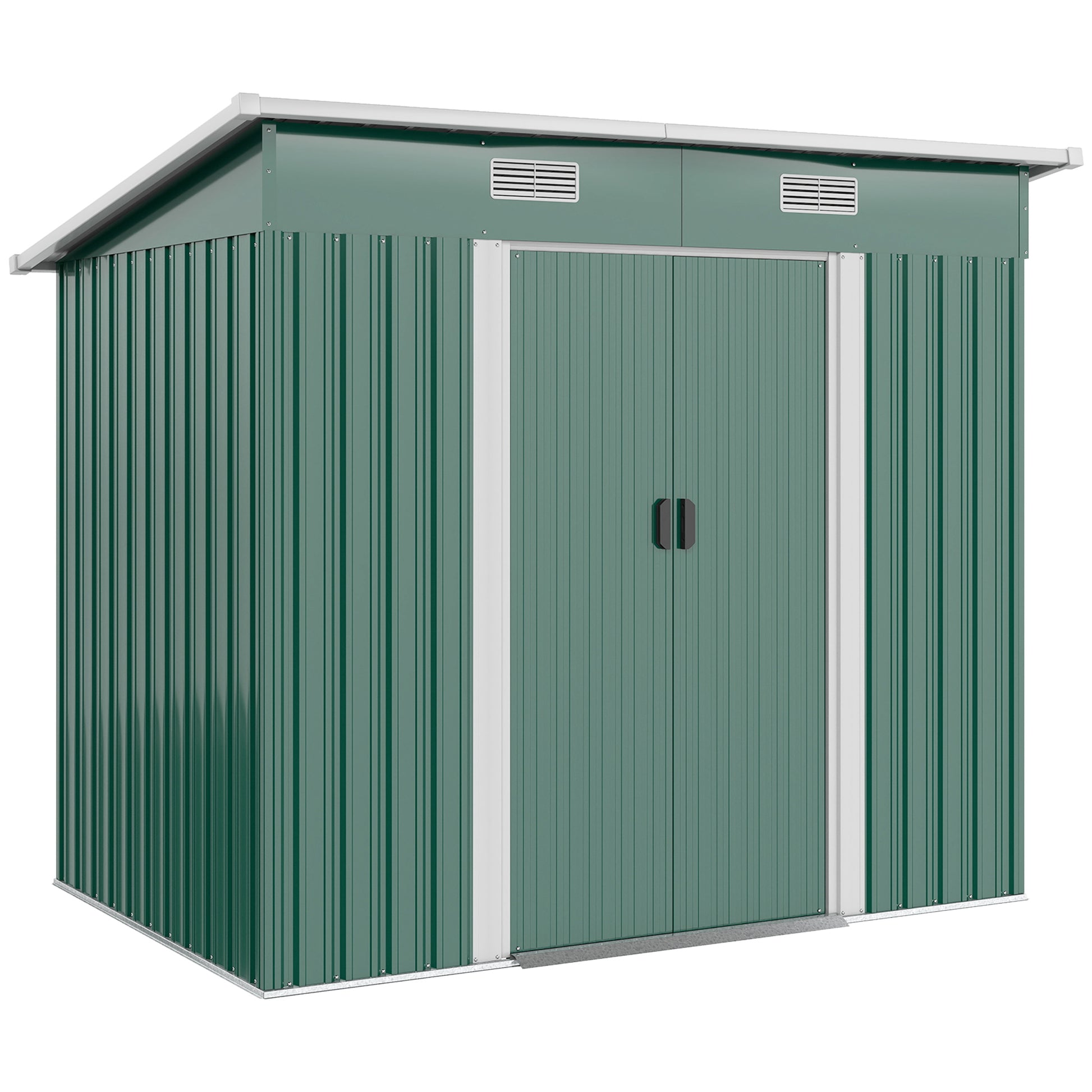 Photo of Outsunny 7 x 4ft Outdoor Storage Shed with Foundation Kit, Lean to Metal Garden Shed for Log, Rubbish Bin, Tool, Lawnmower, Bike, Patio and Lawn Use, Green in Green colour on a white background