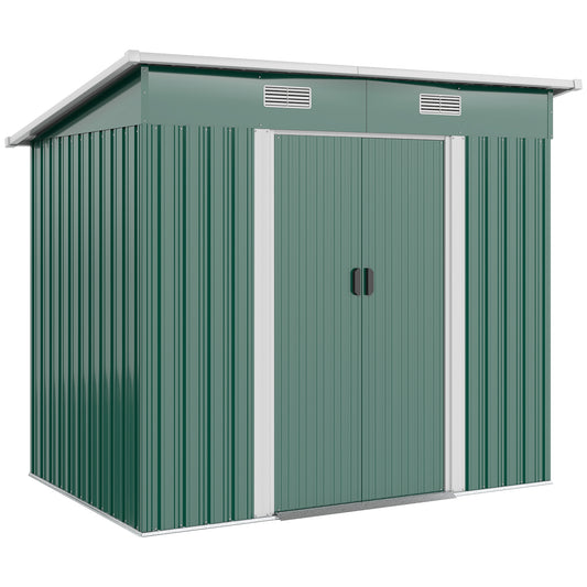 Photo of Outsunny 7 x 4ft Outdoor Storage Shed with Foundation Kit, Lean to Metal Garden Shed for Log, Rubbish Bin, Tool, Lawnmower, Bike, Patio and Lawn Use, Green in Green colour on a white background