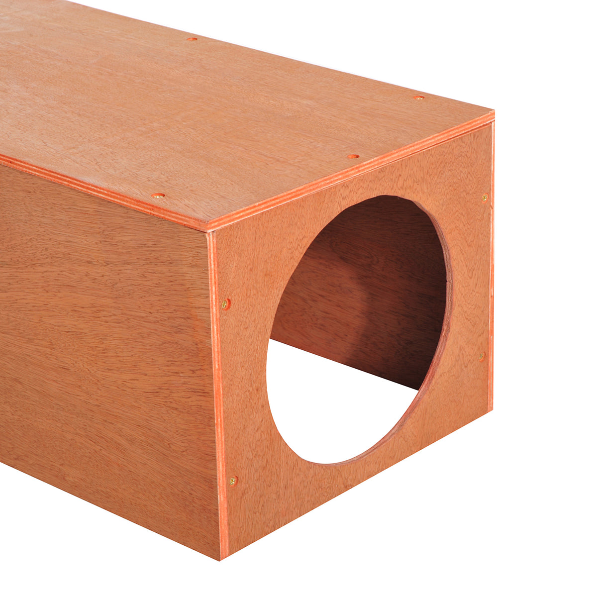Close-up of a round entrance in the PawHut wooden pet hideaway box