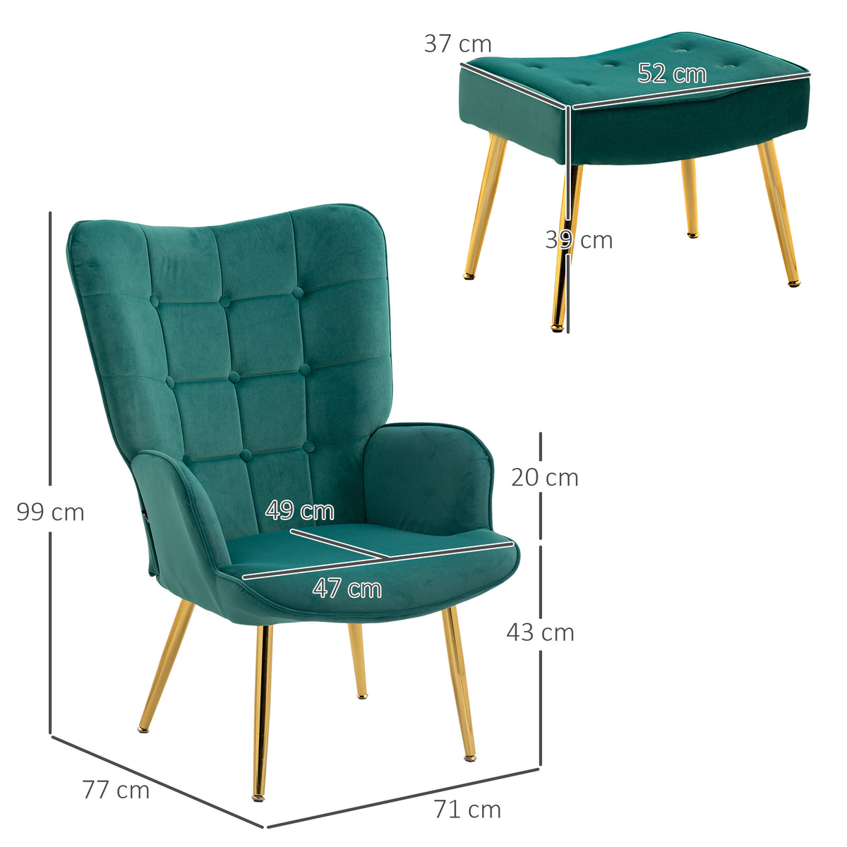 Dark green velvet armchair and matching footstool with gold-tone legs, shown with dimensions