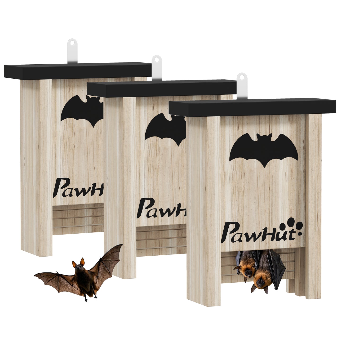Photo of PawHut 3PCs Wooden Bat Boxes, Bat Houses Designed to Attract Bats & Easy to Hang for Outdoor, Garden, Farm, 18 x 6 x 22.5 cm in cm colour on a white background