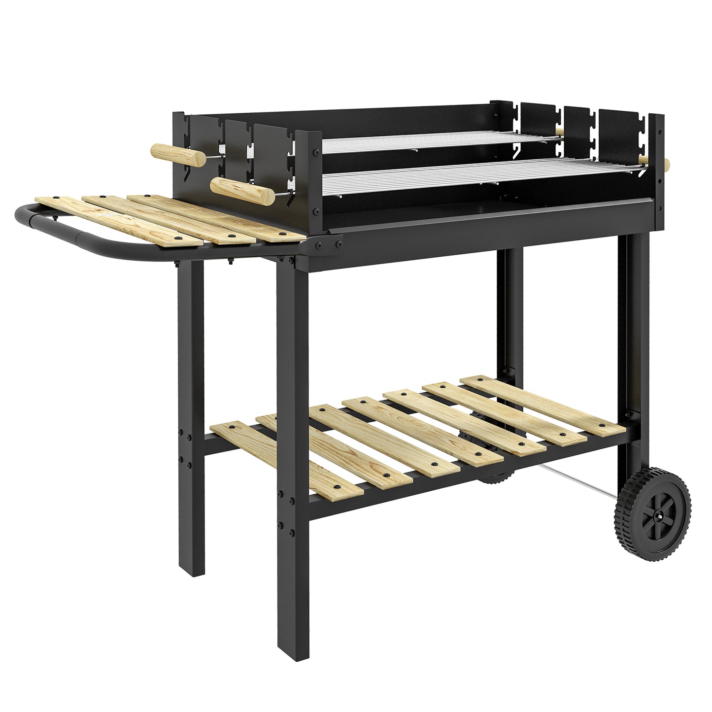 Photo of Outsunny Charcoal BBQ Grill, Barbecue Trolley with Double Adjustable Grill, Side Table, Storage Shelf and Wheels for Outdoor Garden Party Cooking, Black in Black colour on a white background
