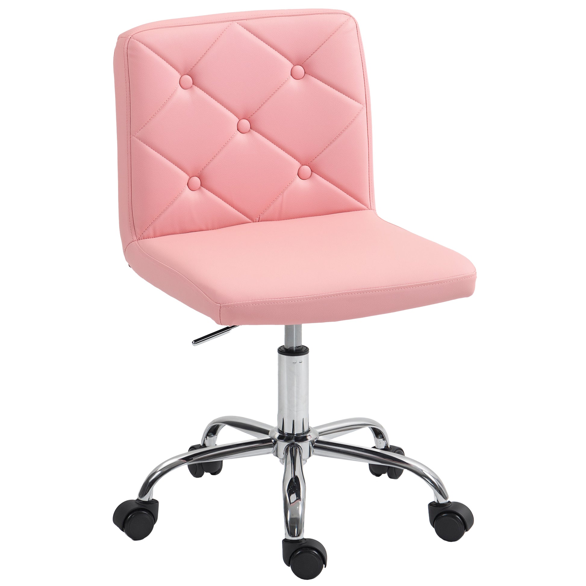 Photo of HOMCOM PU Leather Armless Office Chair, Modern Vanity Computer Swivel Chair with Rolling Wheels and Adjustable Height for Home Study, Bedroom, Pink in Pink colour on a white background