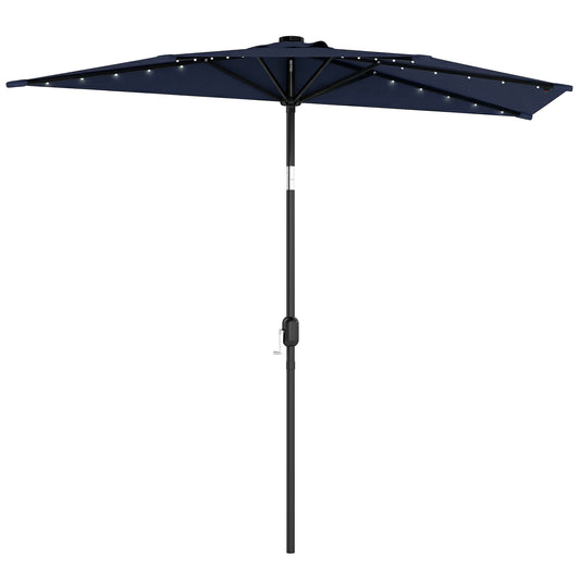 Photo of Outsunny 2.6 m Half Garden Parasol with Solar LED Lights, UPF50+ Semi Round Umbrella with 30° Tilt, Crank Handle, Dark Blue in Blue colour on a white background
