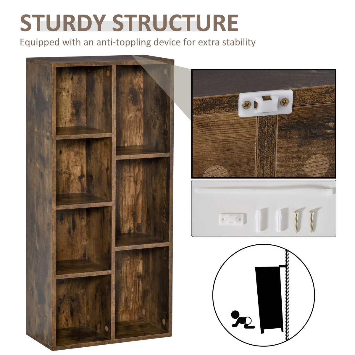Seven-cube bookcase with anti-tip wall attachment hardware and rustic brown wood effect.