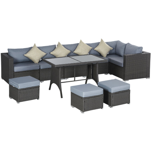 Photo of Outsunny 9-Seater Garden Rattan Furniture 10 Pcs Rattan Corner Dining Sofa Set, Grey/Dusty Blue Cushion in Cushion colour on a white background