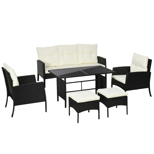 Photo of Outsunny 7 Seater Rattan Garden Furniture Set, 6 Piece Garden Dining Set, Armchairs, 3-Seater Sofa, Footstools, Glass Dining Table, Cushions, Wicker Outdoor Furniture for Conservatory Patio, Cream in Cream colour on a white background