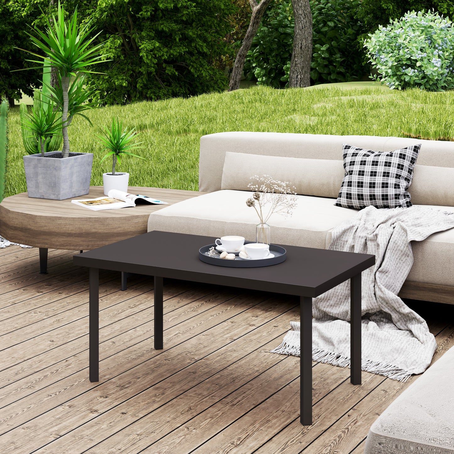 Outsunny Metal Garden Coffee Table, Rectangular Outdoor Side Table with Woodgrain Tabletop, Foot Pads for Outside, Garden, Balcony, Porch, 95 x 55 x 46cm, Brown