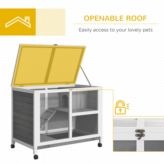 Wooden rabbit hutch with open roof, front doors, ramp and caster wheels