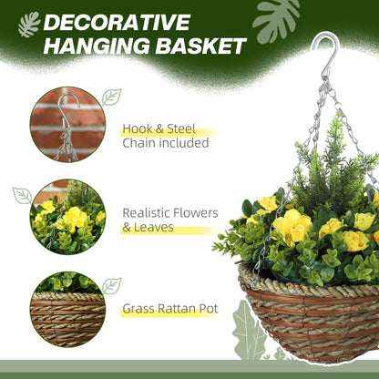 Hanging flower basket with yellow flowers, green foliage, a woven grass pot, and steel chain
