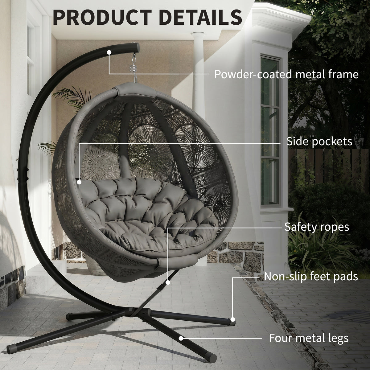 Outsunny egg chair showing side pockets, safety ropes, metal frame, and stand