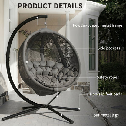 Outsunny egg chair showing side pockets, safety ropes, metal frame, and stand