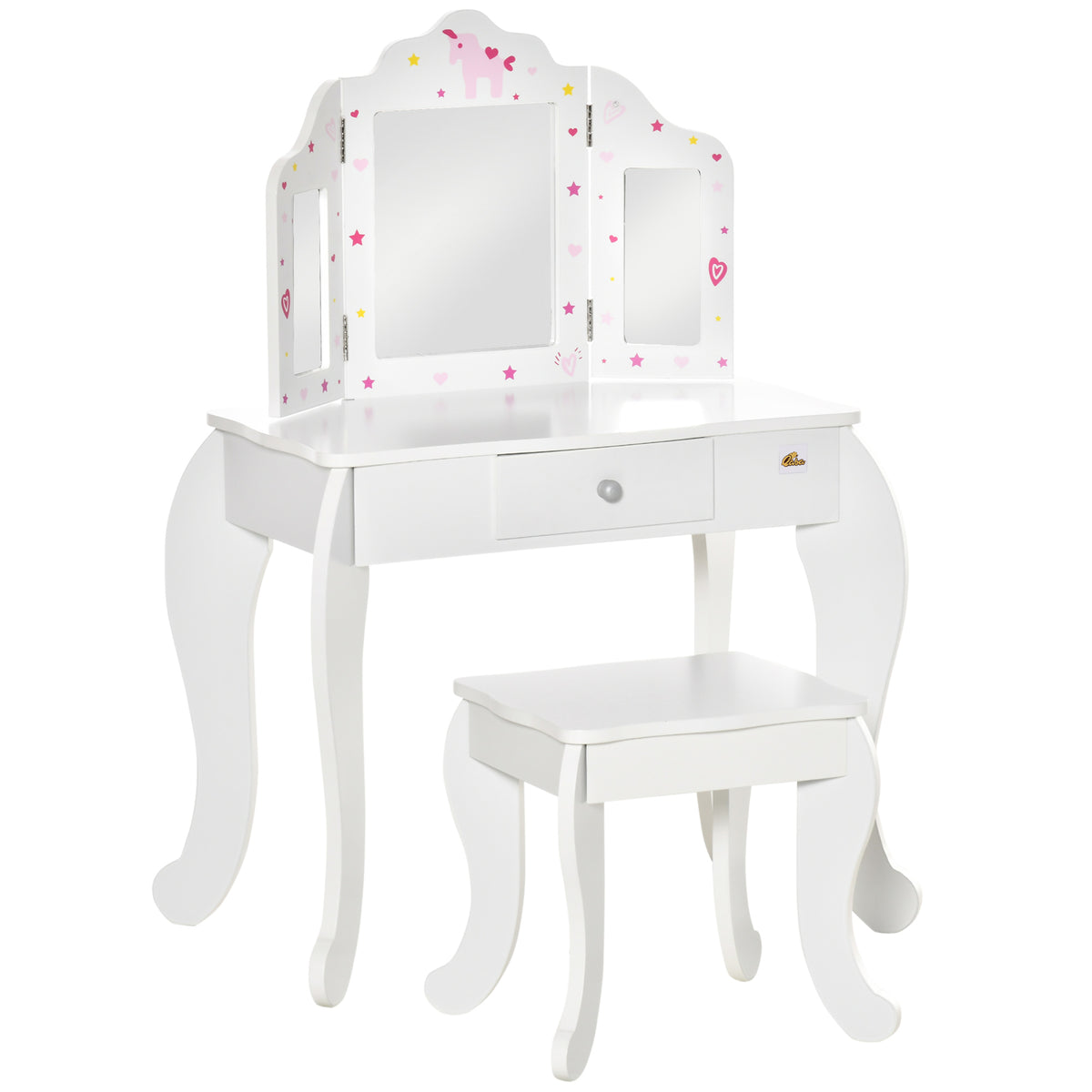 White kids vanity table set with tri-fold mirror, drawer, and matching stool