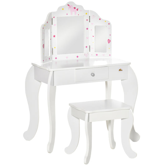 White kids vanity table set with tri-fold mirror, drawer, and matching stool