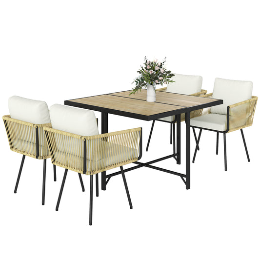 Photo of Outsunny 5 Piece Garden Furniture Set, Garden Dining Set with Wood-Plastic Table and 4 Armchairs, Beige in Beige colour on a white background