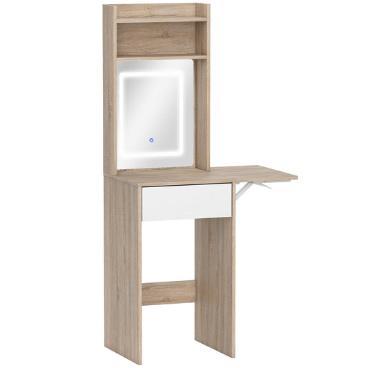 Photo of HOMCOM Small Vanity Desk with Mirror and LED Lights, Compact Dressing Table with Drop Leaf, Open Shelves, Natural Wood in Wood colour on a white background