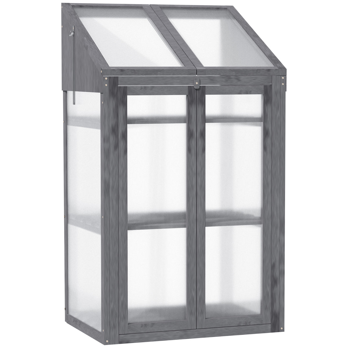 Grey wooden greenhouse with translucent panels, closed double doors and hinged top lid