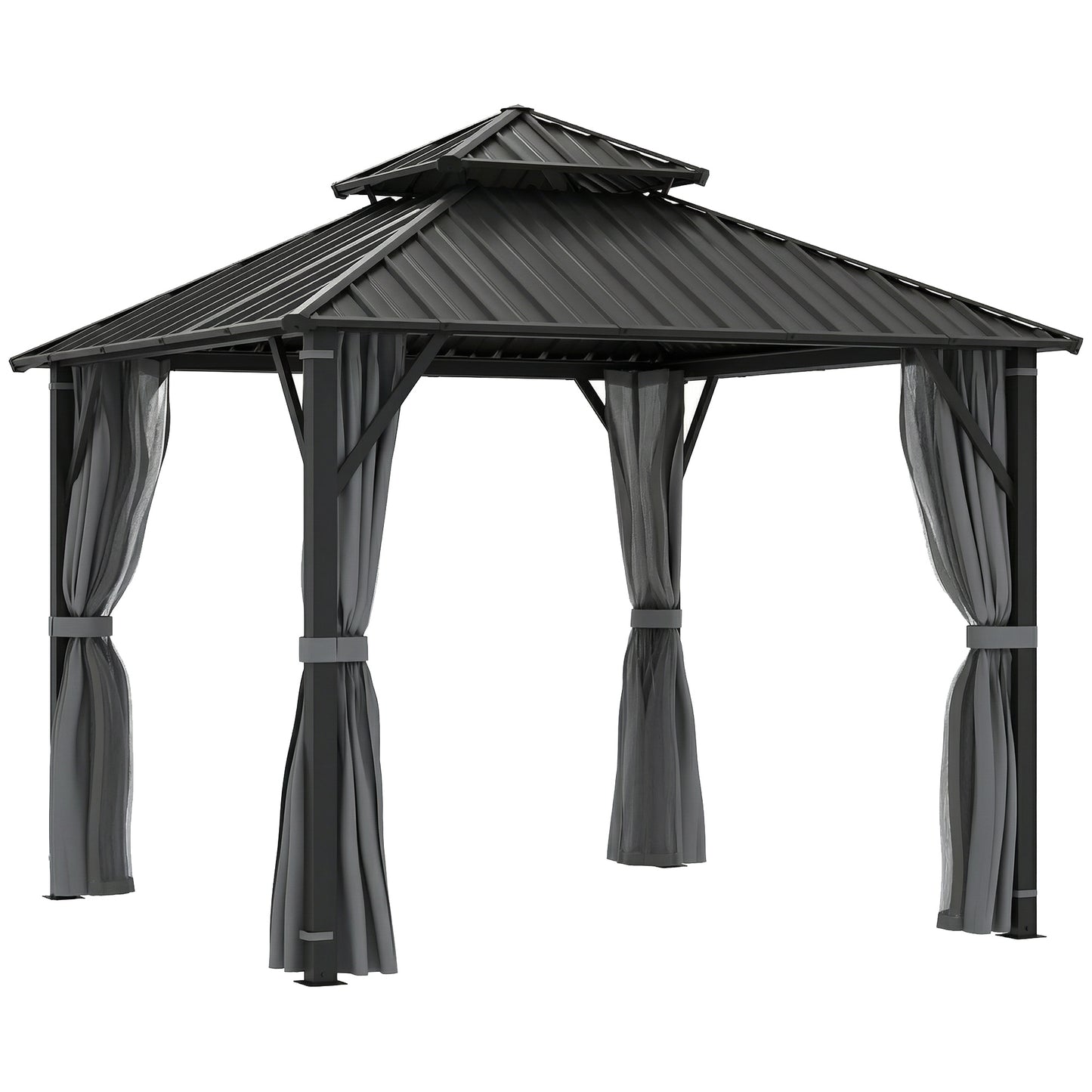 Photo of Outsunny 3 x 3(m) Hardtop Gazebo Canopy with Metal Roof, Waterproof Permanent Pavilion Garden Gazebo with Netting, Curtains, Grey in Grey colour on a white background