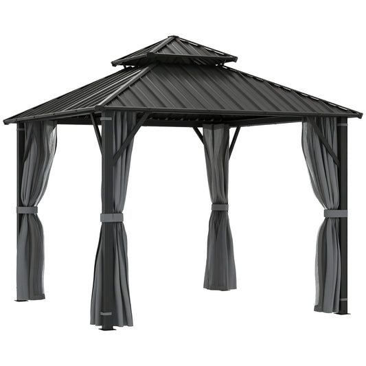 Photo of Outsunny 3 x 3(m) Hardtop Gazebo Canopy with Metal Roof, Waterproof Permanent Pavilion Garden Gazebo with Netting, Curtains, Grey in Grey colour on a white background