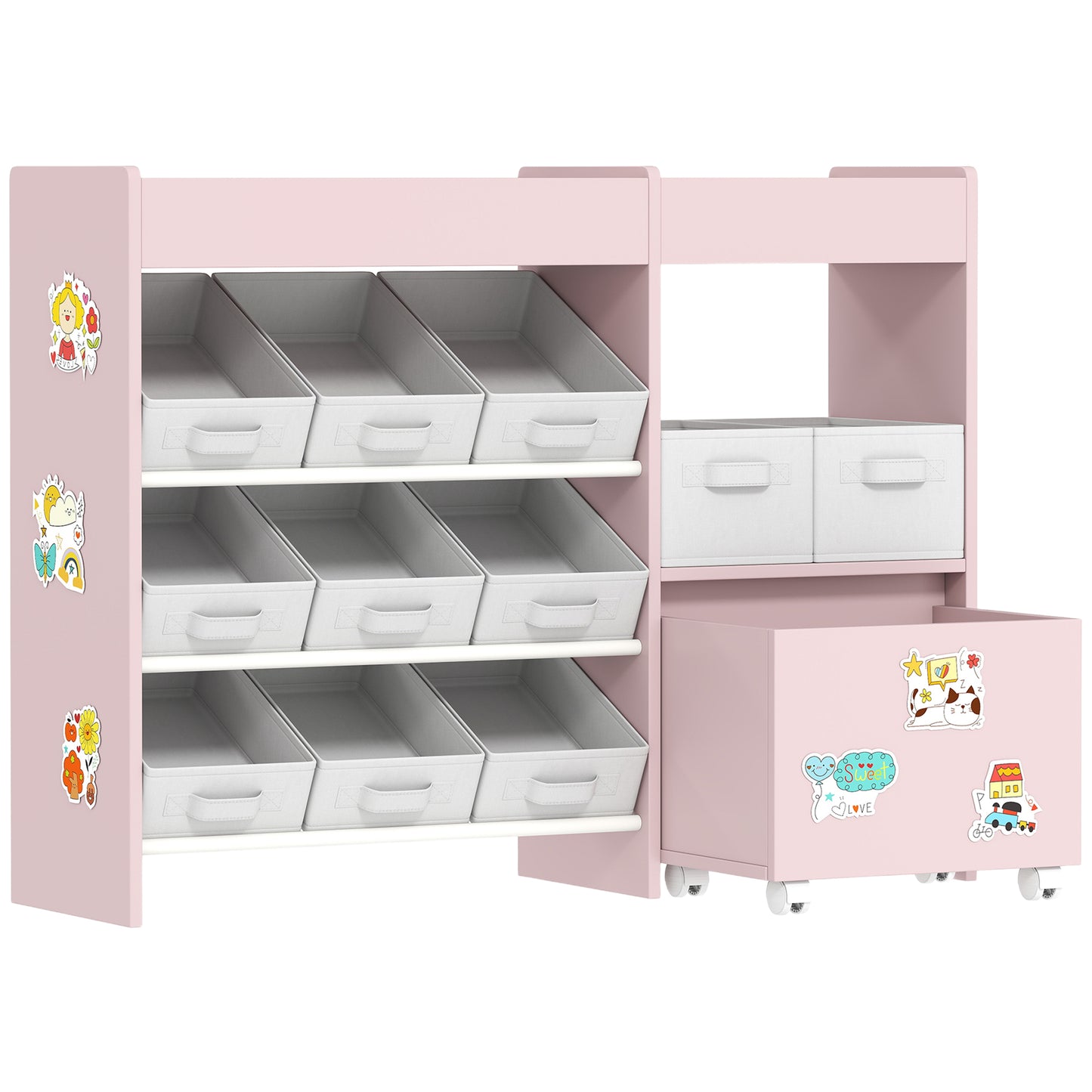 Photo of AIYAPLAY Kids Toy Storage Unit with 11 Bins, Cabinet, Top Shelves, 3 Stickers, for Nursery, Playroom, Pink in Pink colour on a white background