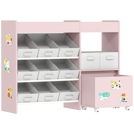 Photo of AIYAPLAY Kids Toy Storage Unit with 11 Bins, Cabinet, Top Shelves, 3 Stickers, for Nursery, Playroom, Pink in Pink colour on a white background