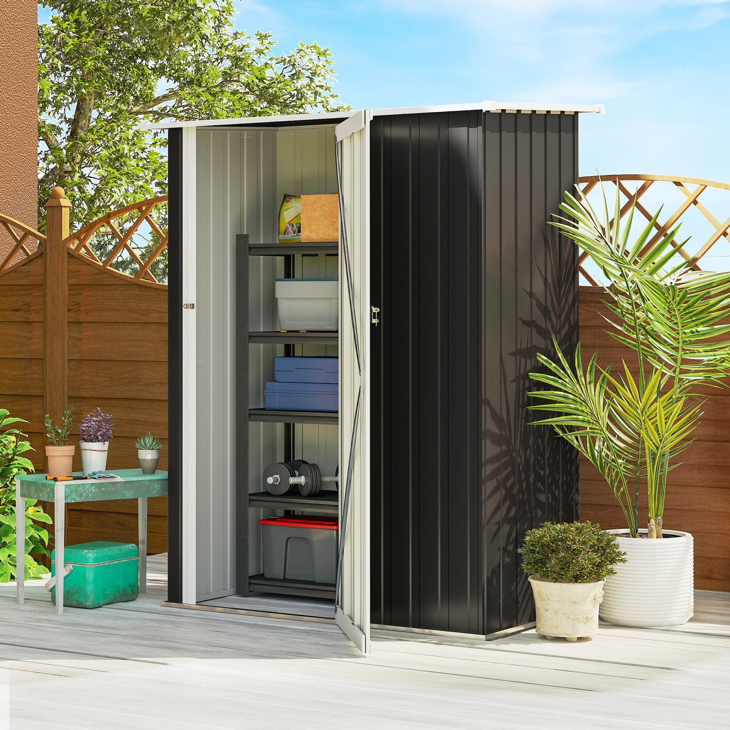 Outsunny 5ft x 3ft Garden Storage Shed, Galvanised Outdoor Metal Shed Waterproof with Sloped Roof, Lockable Door for Patio Tools, Equipment, Dark Grey
