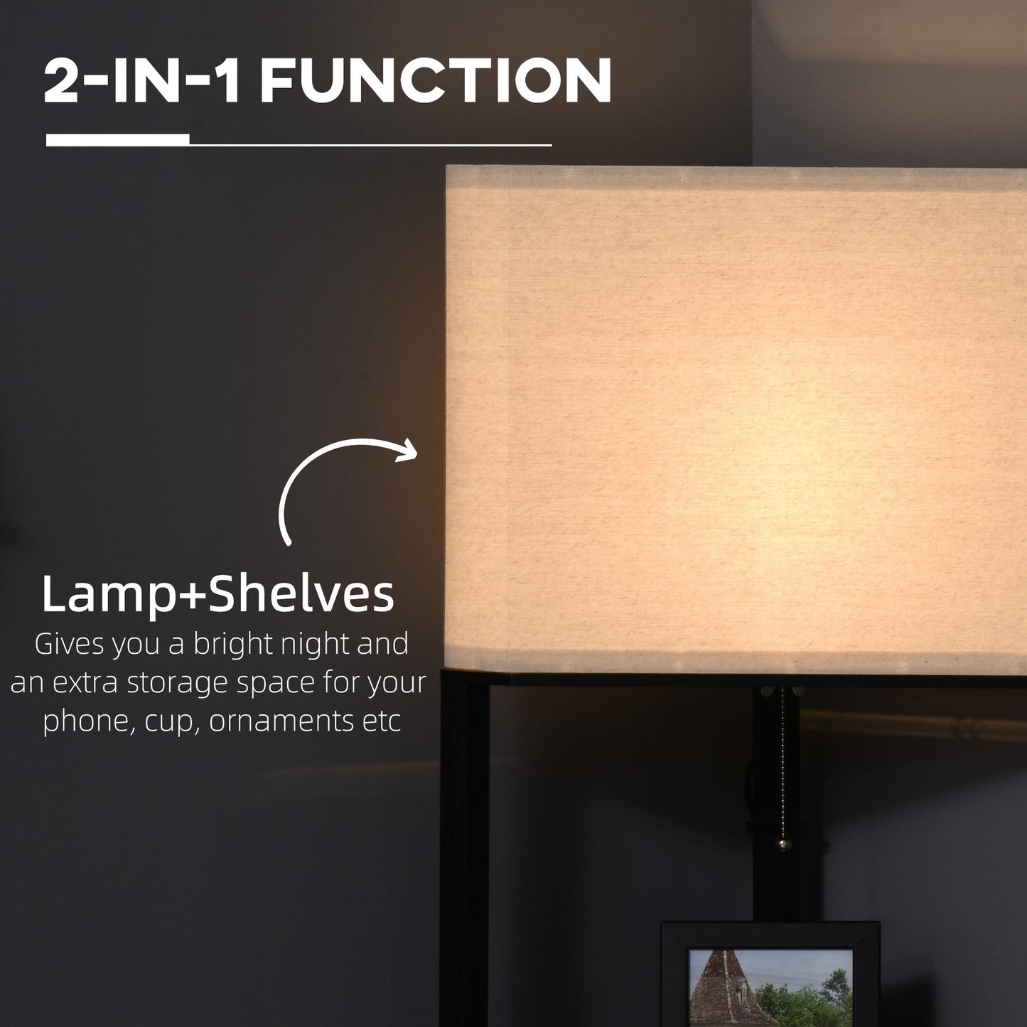 HOMCOM Corner Floor Lamp with Shelves, Tall Standing Lamps for Living Room, with Pull Chain Switch Bulb not Included, Black
