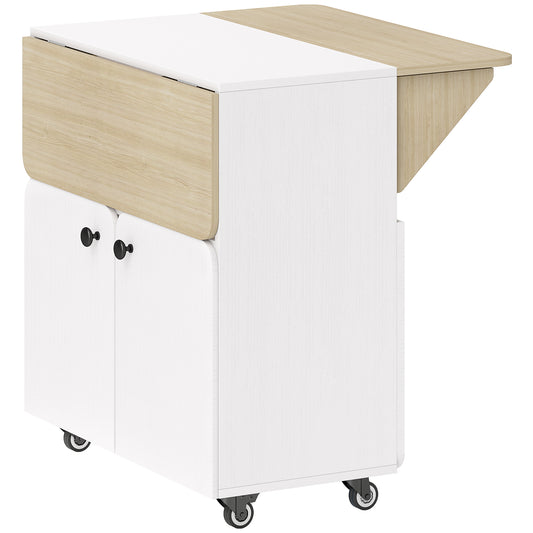 Photo of HOMCOM Folding Dining Table, Rolling Drop Leaf Table with Hidden Shelf & Cabinet for Dining Room, Small Spaces, White in White colour on a white background
