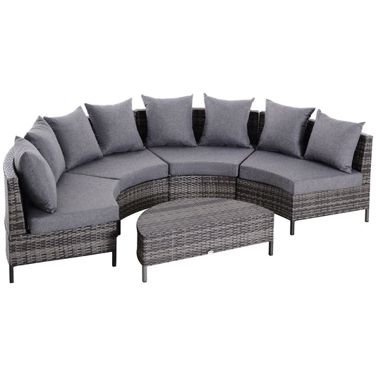 Photo of Outsunny 5 Pieces Rattan Garden Furniture Set, 4 Seater Half-Round Garden Sofa Set with Thickened Cushions, Wicker Conservatory Furniture with 4 Chairs, Rattan Coffee Table and Pillows, Grey in Grey colour on a white background