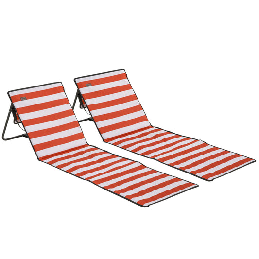 Photo of Outsunny Set of 2 Foldable Garden Beach Chair Mat, Outdoor Sun Lounger Seats with Adjustable Back, Magazine Pocket, Carry Strap in Strap colour on a white background