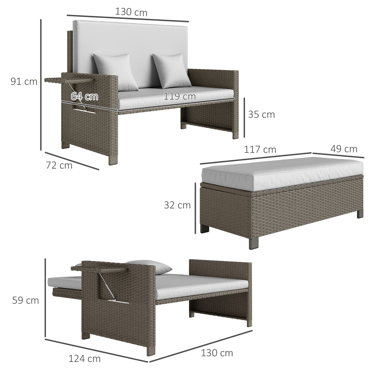 Outsunny Rattan Day Bed, with Footstool - Light Grey