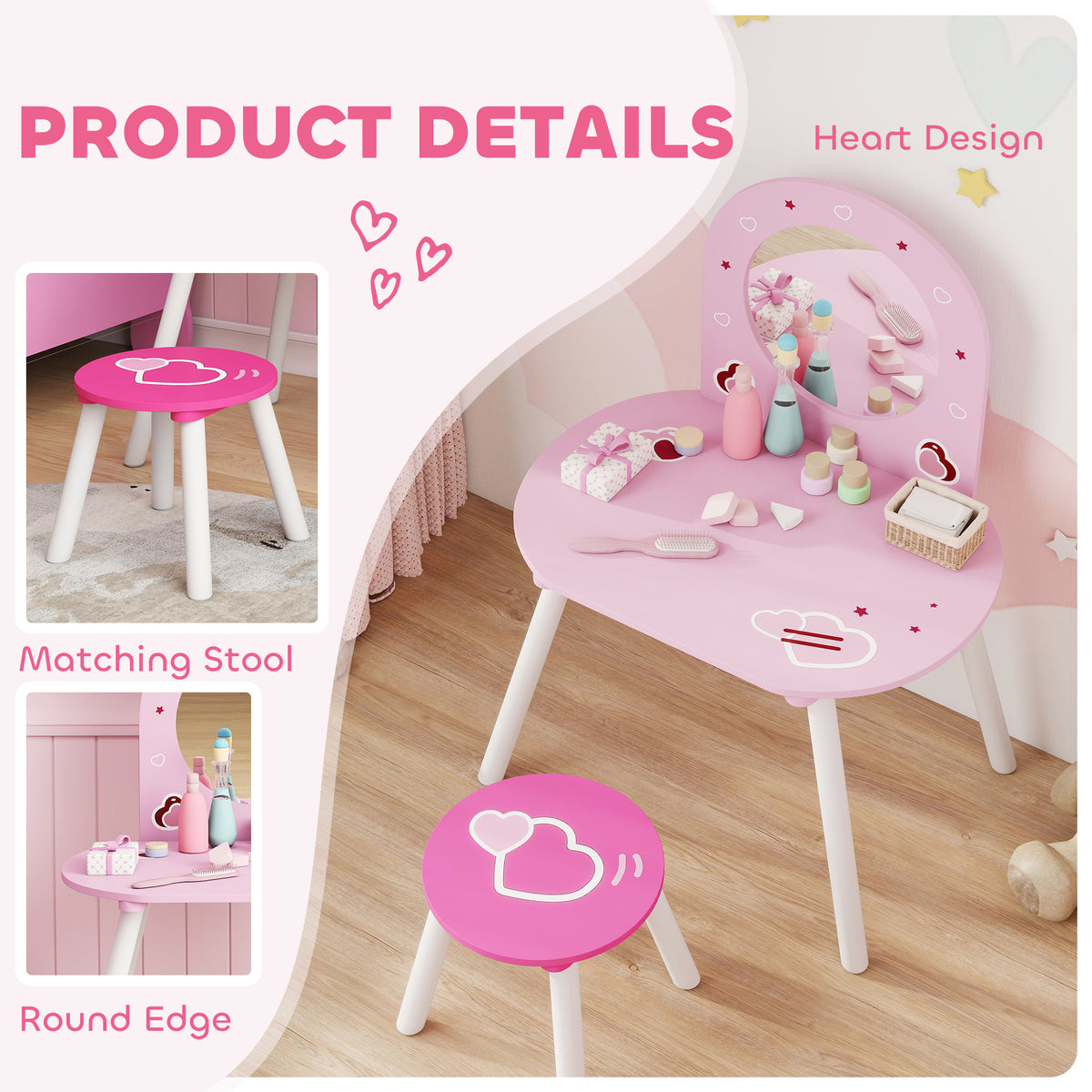 AIYAPLAY Kids Dressing Table with Mirror and Stool, Girls Vanity Set for Kids Room, Bedroom, Nursery, for Ages 3–6 Years, Pink