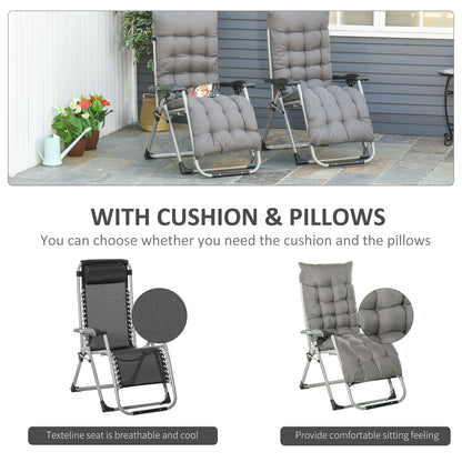 Pair of dark gray reclining zero-gravity loungers with padded cushions and pillows