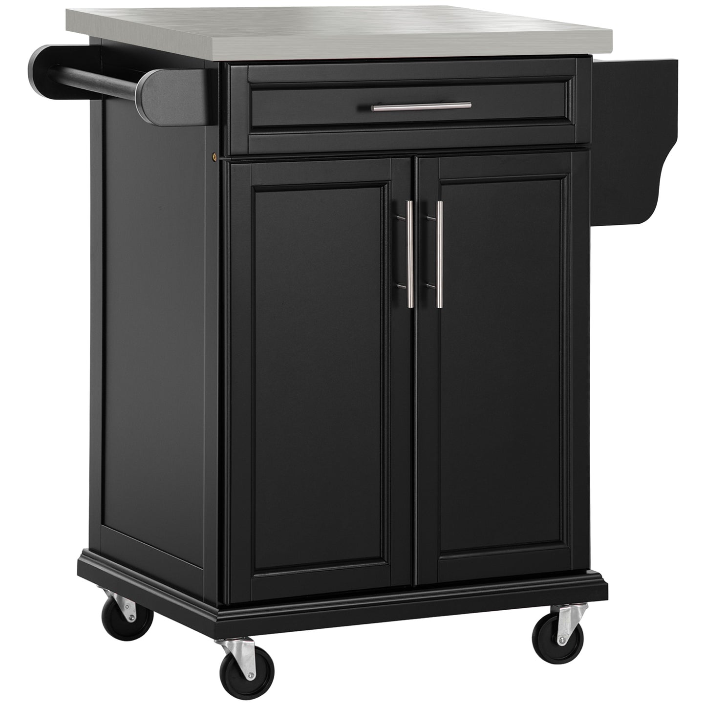 Photo of HOMCOM Wooden Kitchen Island on Wheels, Serving Cart Storage Trolley with Stainless Steel Top, Drawer, Side Handle and Rack, Black in Black colour on a white background