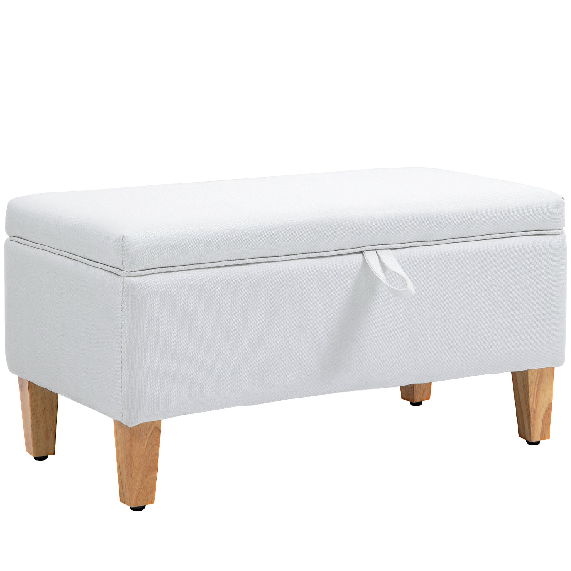 Photo of HOMCOM 30L Linen Storage Ottoman Padded Footstool with Rubberwood Legs for Storage Box, Bed End, Shoe Bench, Seating, Cream White in White colour on a white background